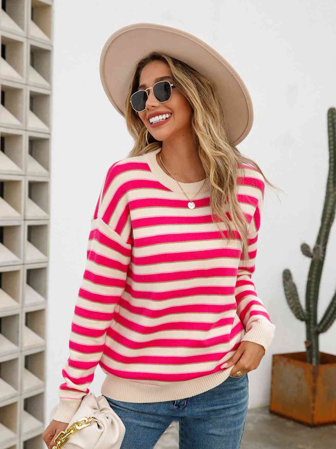 Striped Drop Shoulder Knit Top - Ladyez