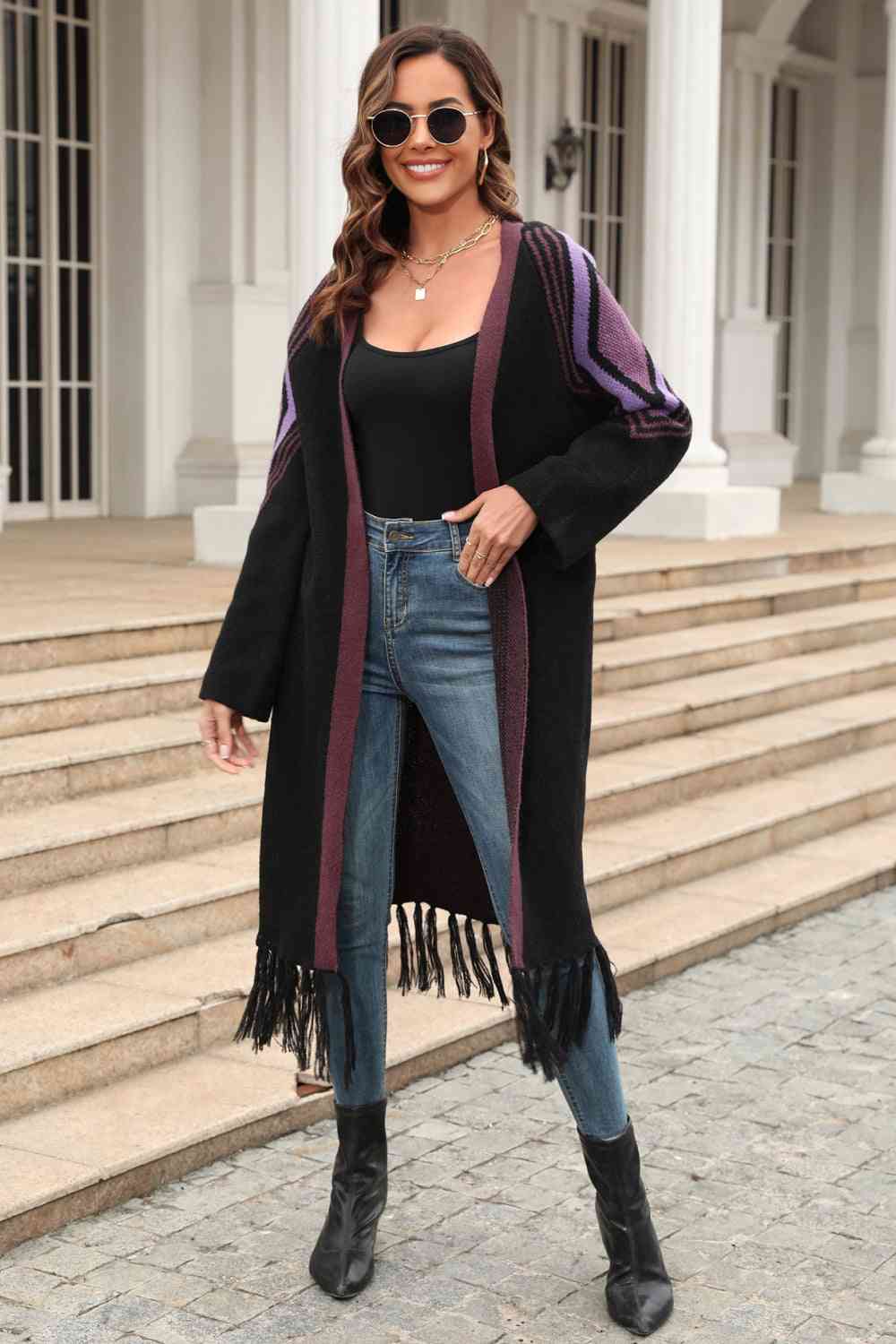 Double Take Geometric Fringe Hem Open Front Duster Cardigan - Ladyez