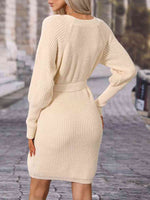 Surplice Neck Tie Waist Sweater Dress - Ladyez