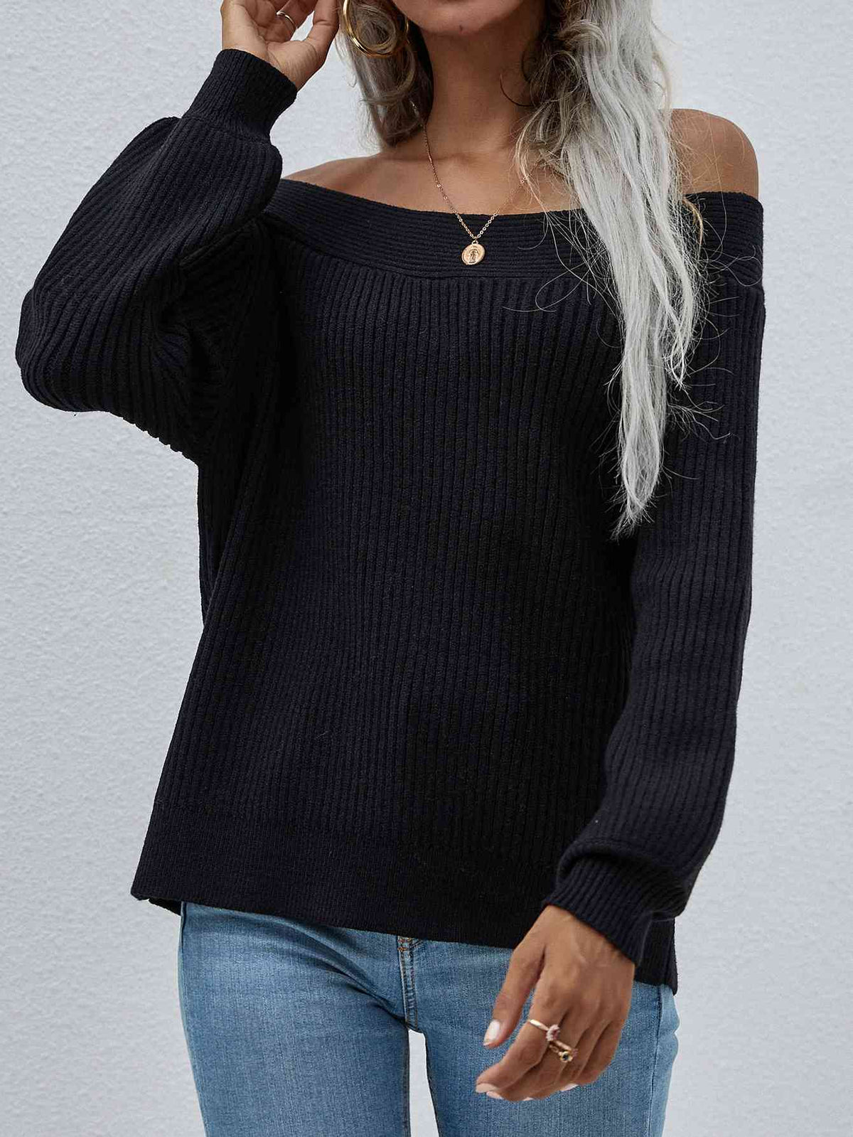 Double Take Off-Shoulder Rib-Knit Sweater - Ladyez