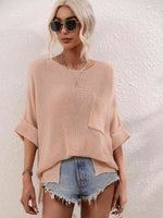 Boat Neck Cuffed Sleeve Slit Tunic Knit Top - Ladyez