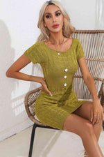 Decorative Button Round Neck Short Sleeve Sweater Dress - Ladyez