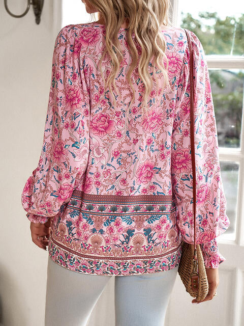 Bohemian Tie Neck Lantern Sleeve Blouse - Ladyez