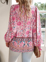 Bohemian Tie Neck Lantern Sleeve Blouse - Ladyez