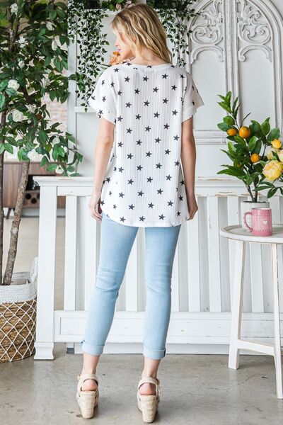 Heimish Full Size Star Print Short Sleeve V-Neck Waffle Knit T-Shirt - Ladyez