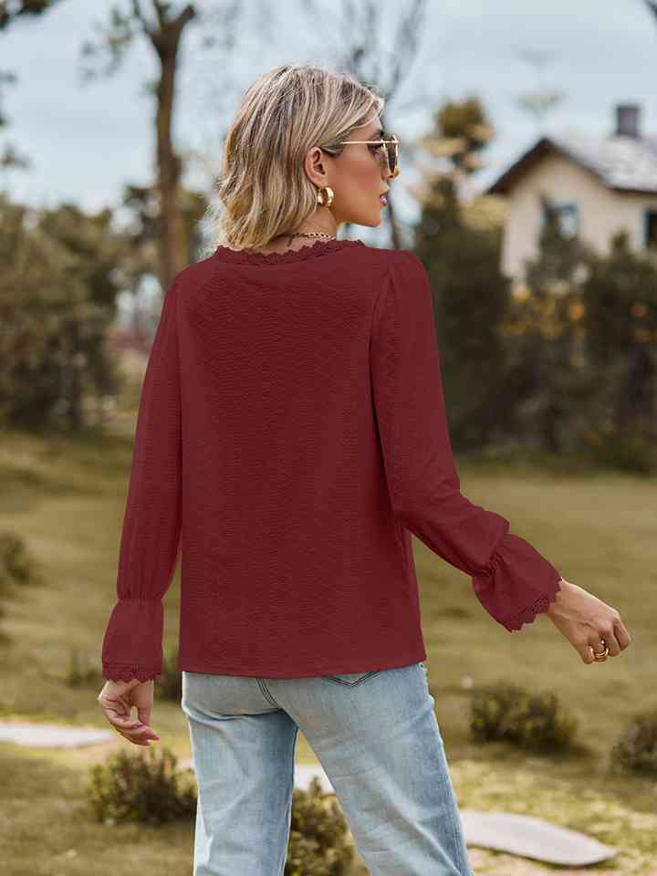 V-Neck Flounce Sleeve Blouse - Ladyez