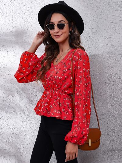 Floral V-Neck Balloon Sleeve Peplum Blouse - Ladyez