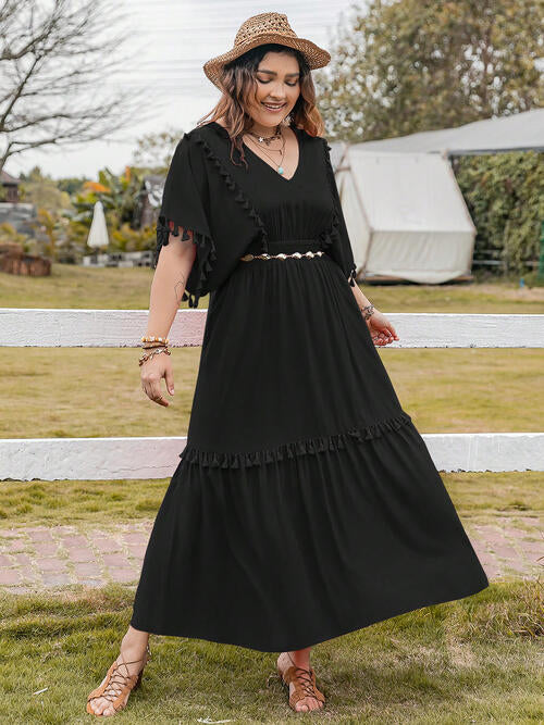 Plus Size Tassel Trim V-Neck Short Sleeve Ruffle Hem Dress - Ladyez