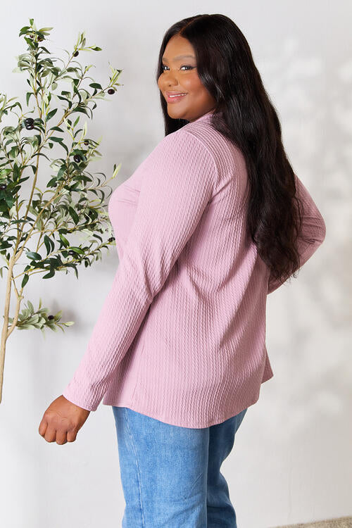 Celeste Full Size Texture Half Button Long Sleeve Blouse - Ladyez