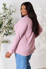 Celeste Full Size Texture Half Button Long Sleeve Blouse - Ladyez