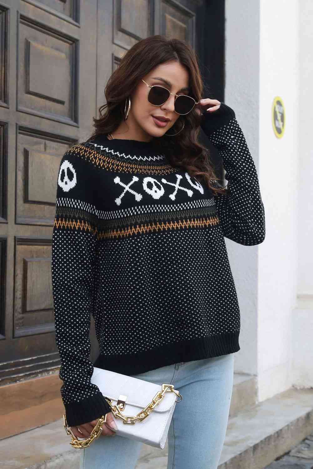 Ghost Pattern Round Neck Long Sleeve Sweater - Ladyez