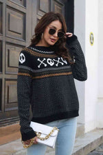 Ghost Pattern Round Neck Long Sleeve Sweater - Ladyez