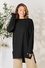 Basic Bae Full Size Ribbed Round Neck Long Sleeve Slit Top - Ladyez