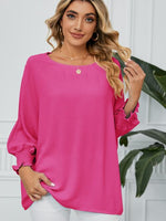 Smocked Lantern Sleeve Round Neck Blouse - Ladyez