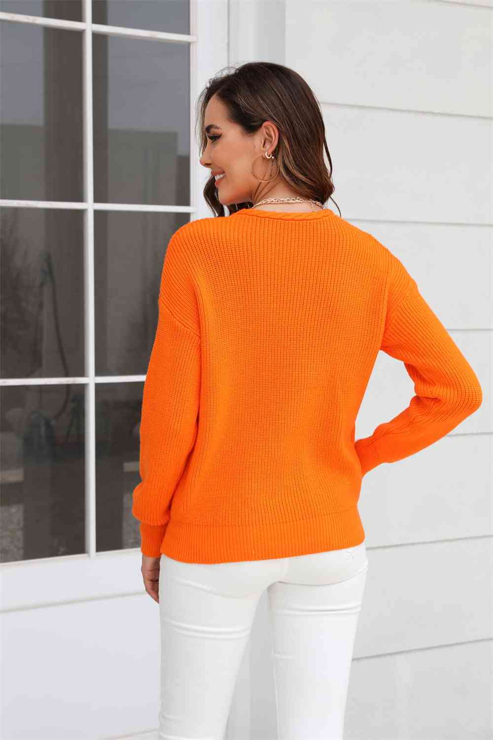 Ribbed V-Neck Dropped Shoulder Knit Top - Ladyez