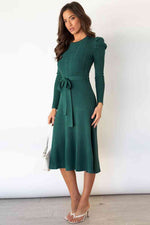 Round Neck Long Sleeve Tie Waist Sweater Dress - Ladyez