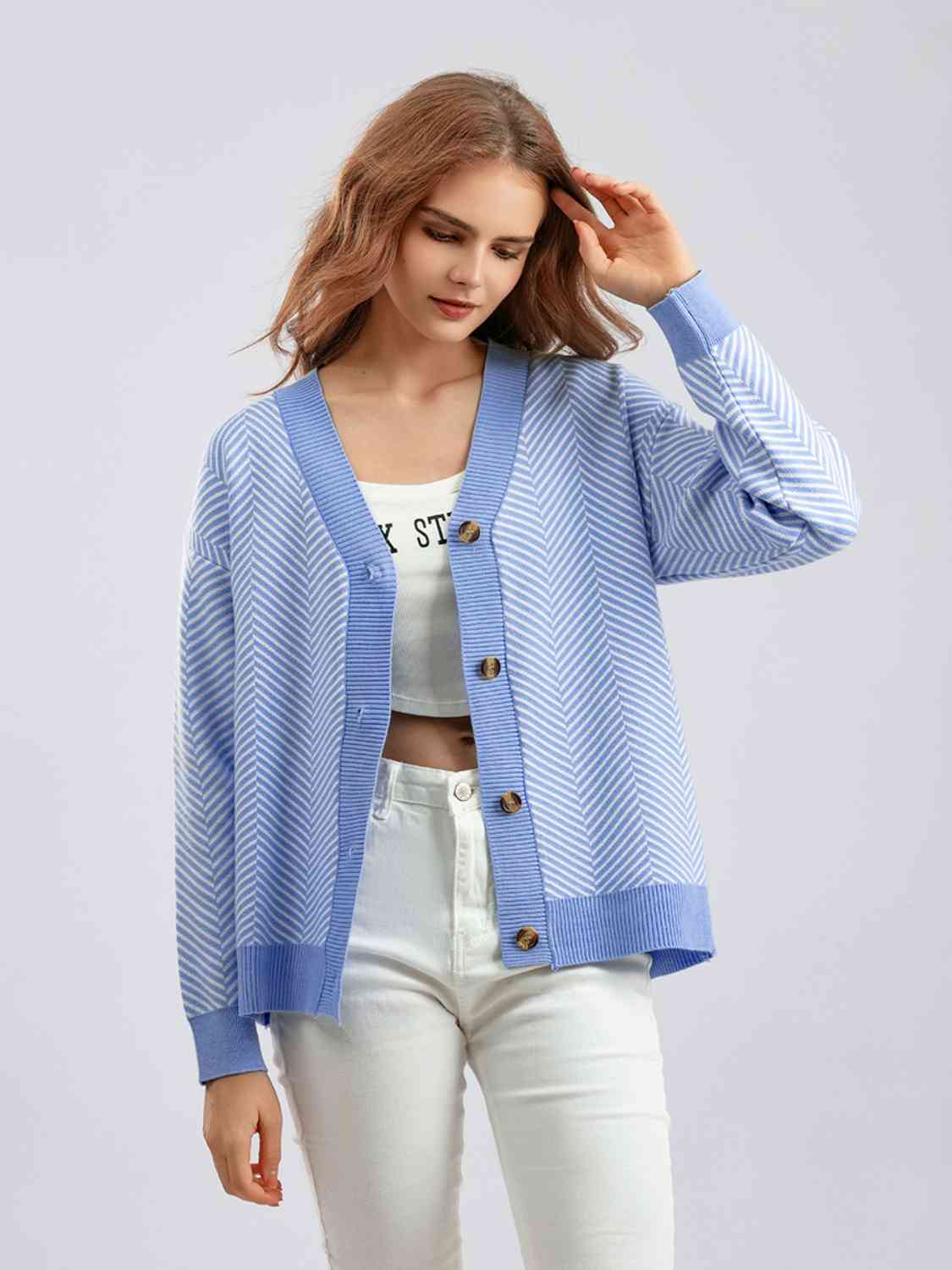 Button Down V-Neck Cardigan - Ladyez