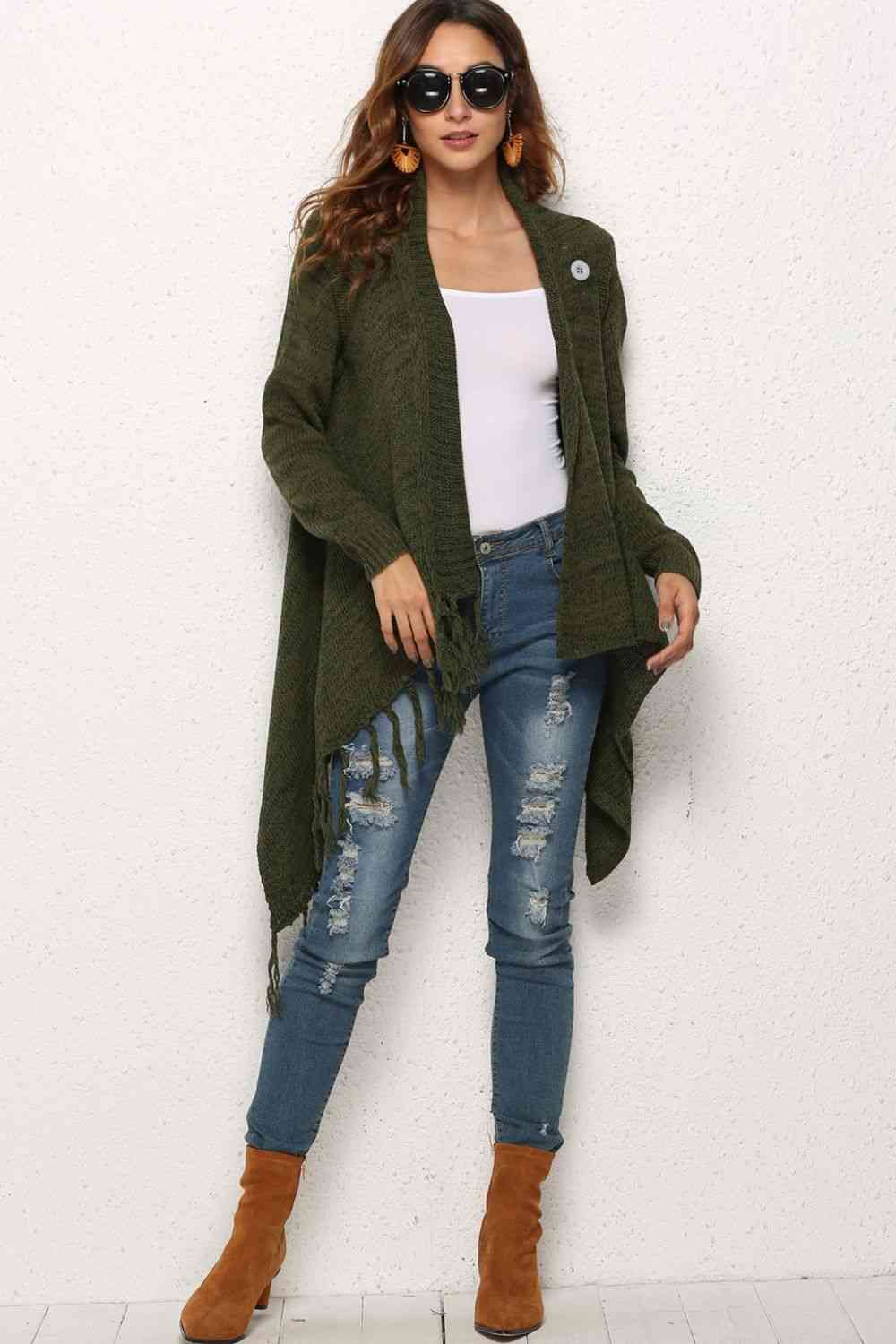 One-Button Tassel Tie Asymmetrical Hem Cardigan - Ladyez