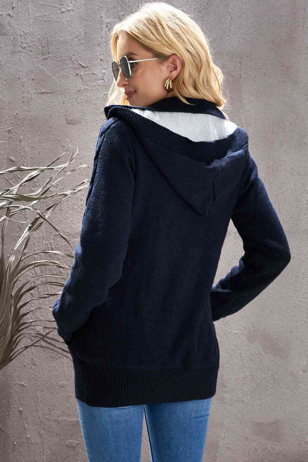 Cable-Knit Fleece Lining Button-Up Hooded Cardigan - Ladyez