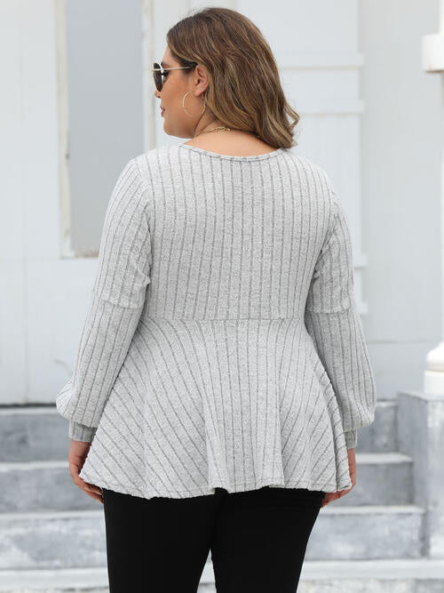 Plus Size Ribbed V-Neck Long Sleeve Blouse - Ladyez