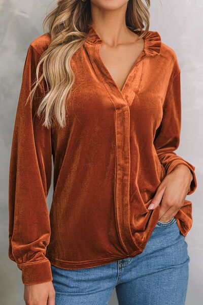 Notched Frill Detail Long Sleeve Blouse - Ladyez