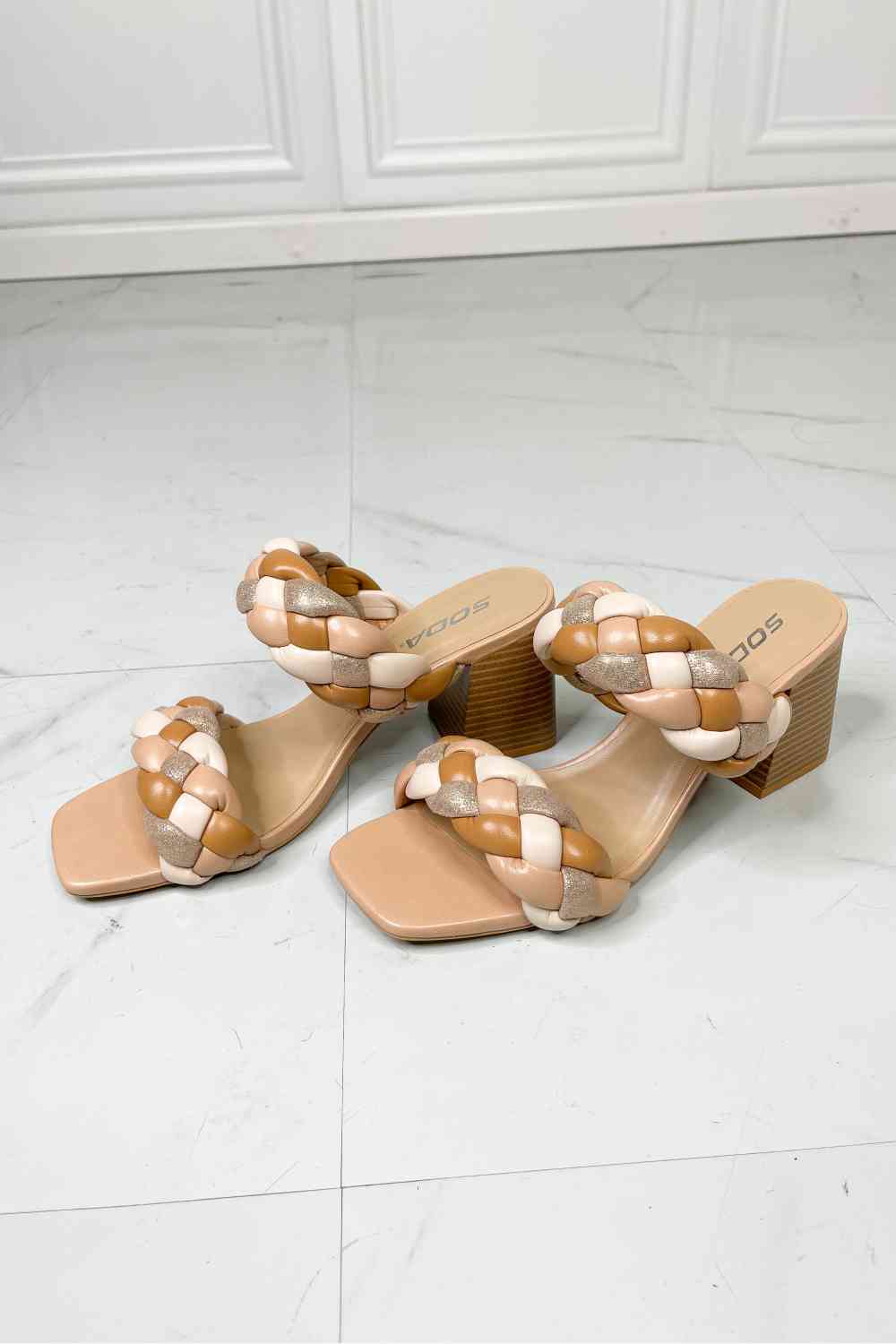 SODA Interwoven Ideas Braided Strap Block Heel Slide Sandal in Nude - Ladyez