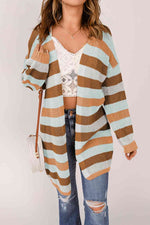 Full Size Striped Long Sleeve Openwork Cardigan - Ladyez