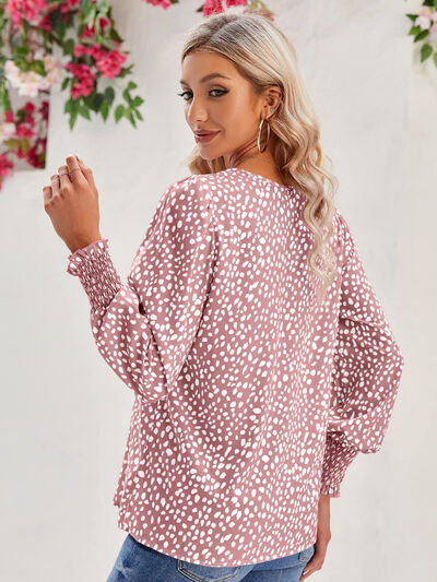 Printed V-Neck Lantern Sleeve Blouse - Ladyez