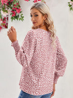 Printed V-Neck Lantern Sleeve Blouse - Ladyez