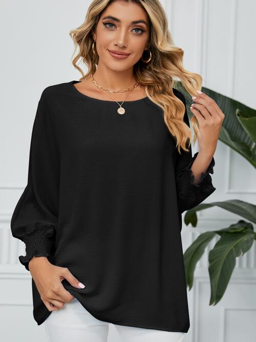Smocked Lantern Sleeve Round Neck Blouse - Ladyez