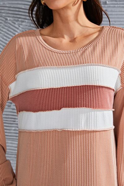 Ribbed Color Block Exposed Seam Round Neck Blouse - Ladyez