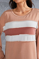 Ribbed Color Block Exposed Seam Round Neck Blouse - Ladyez