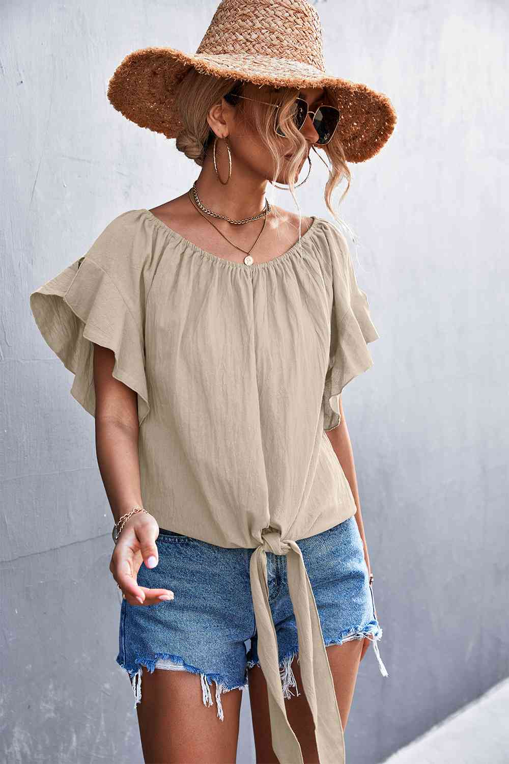 Flutter Sleeve Tie-Front Blouse - Ladyez