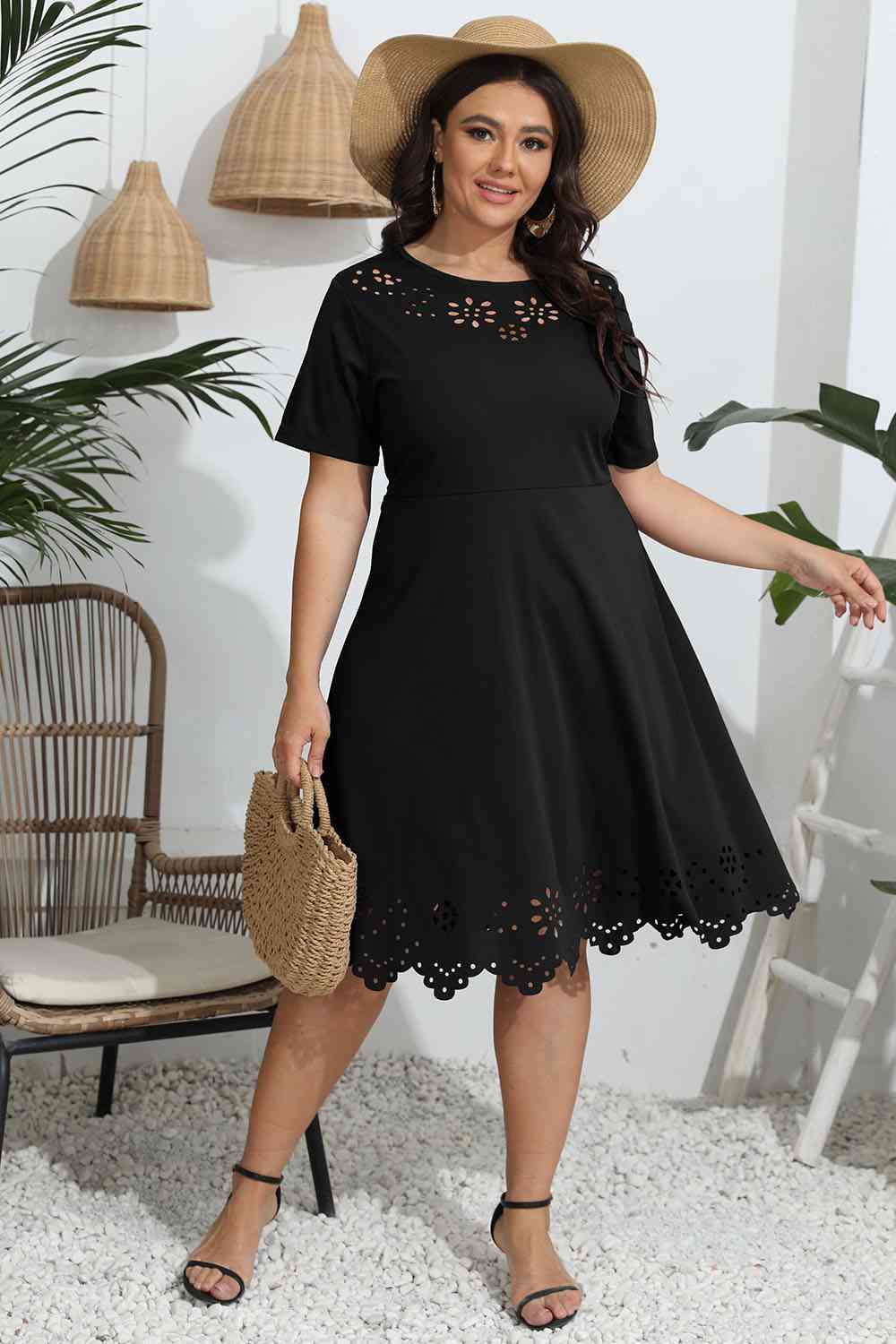Plus Size Round Neck Openwork Dress - Ladyez