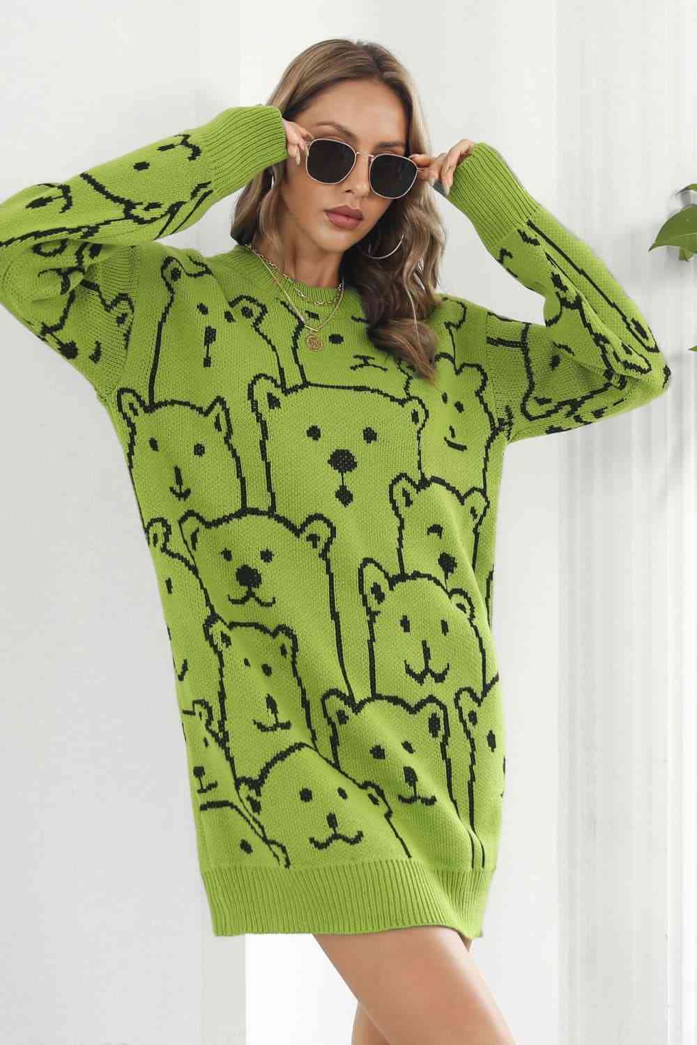 Bear Pattern Round Neck Sweater Dress - Ladyez