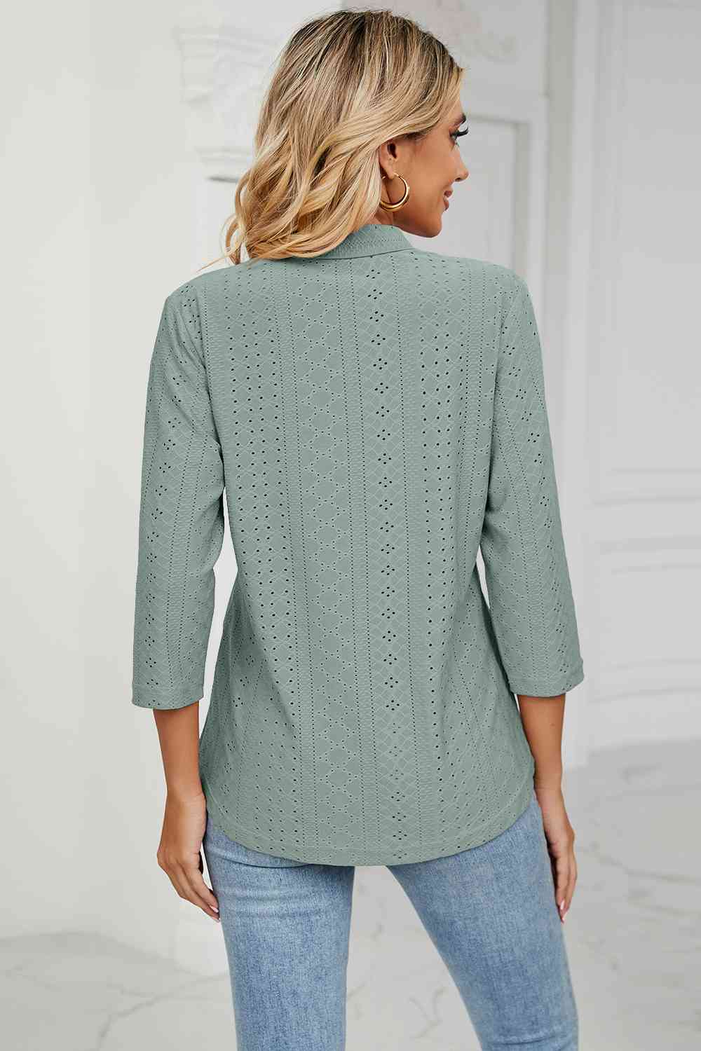 Eyelet Three-Quarter Sleeve Blouse - Ladyez