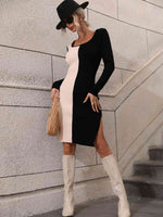 Woven Right Contrast Slit Sweater Dress - Ladyez