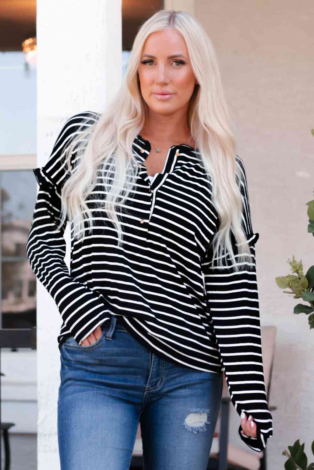 Striped Half Button Frill Trim Top - Ladyez