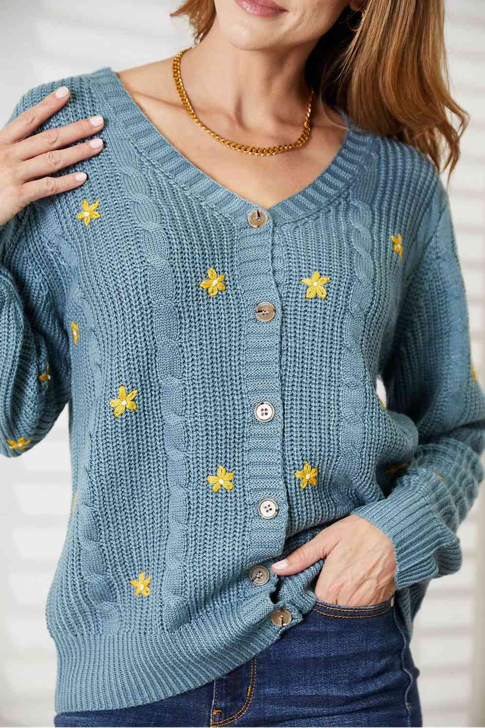 HEYSON Full Size Floral Embroidered Cable Cardigan - Ladyez