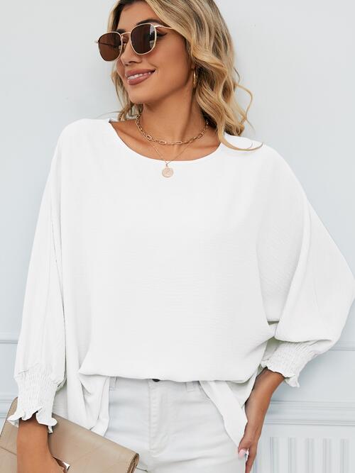 Smocked Lantern Sleeve Round Neck Blouse - Ladyez