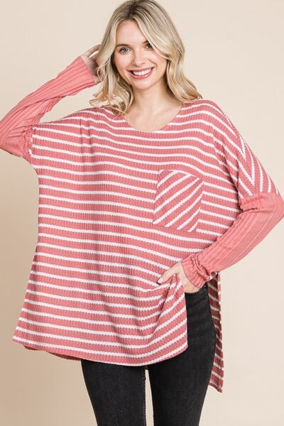 Culture Code Oversize Striped Round Neck Long Sleeve Slit T-Shirt - Ladyez