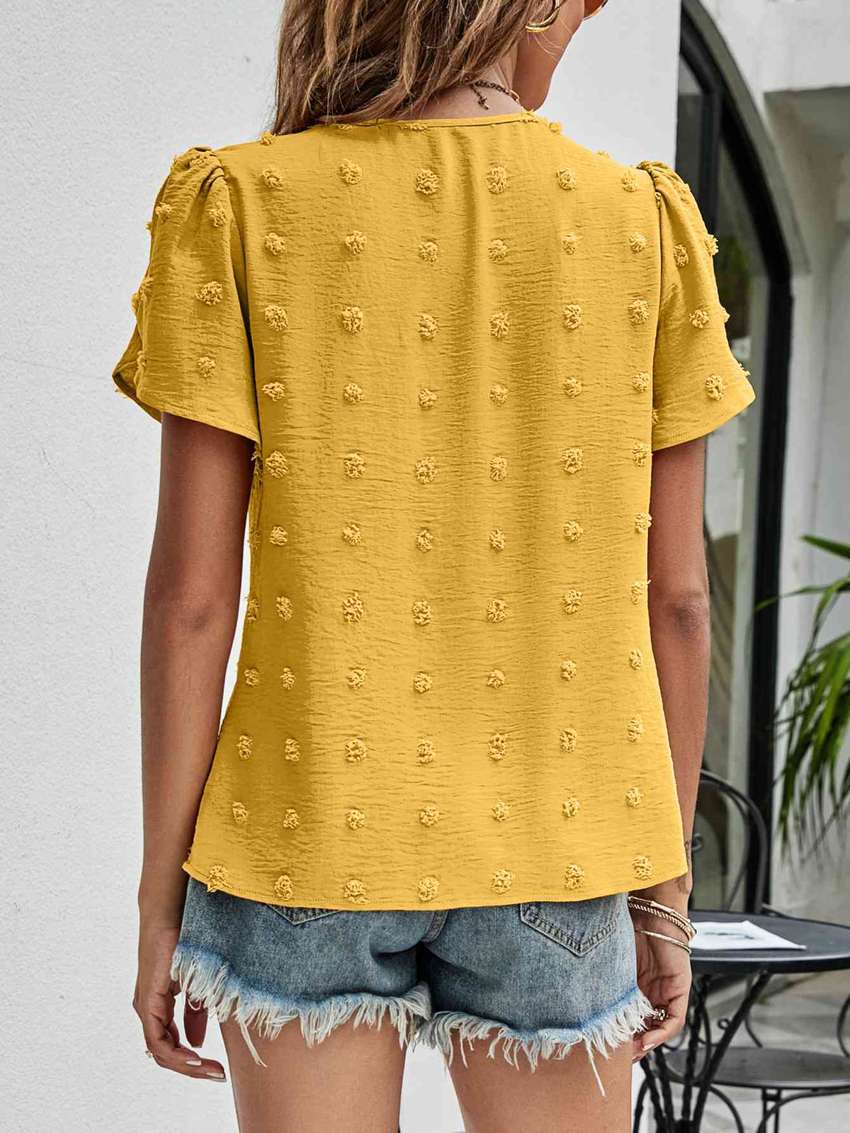 Swiss Dot Round Neck Petal Sleeve Top - Ladyez