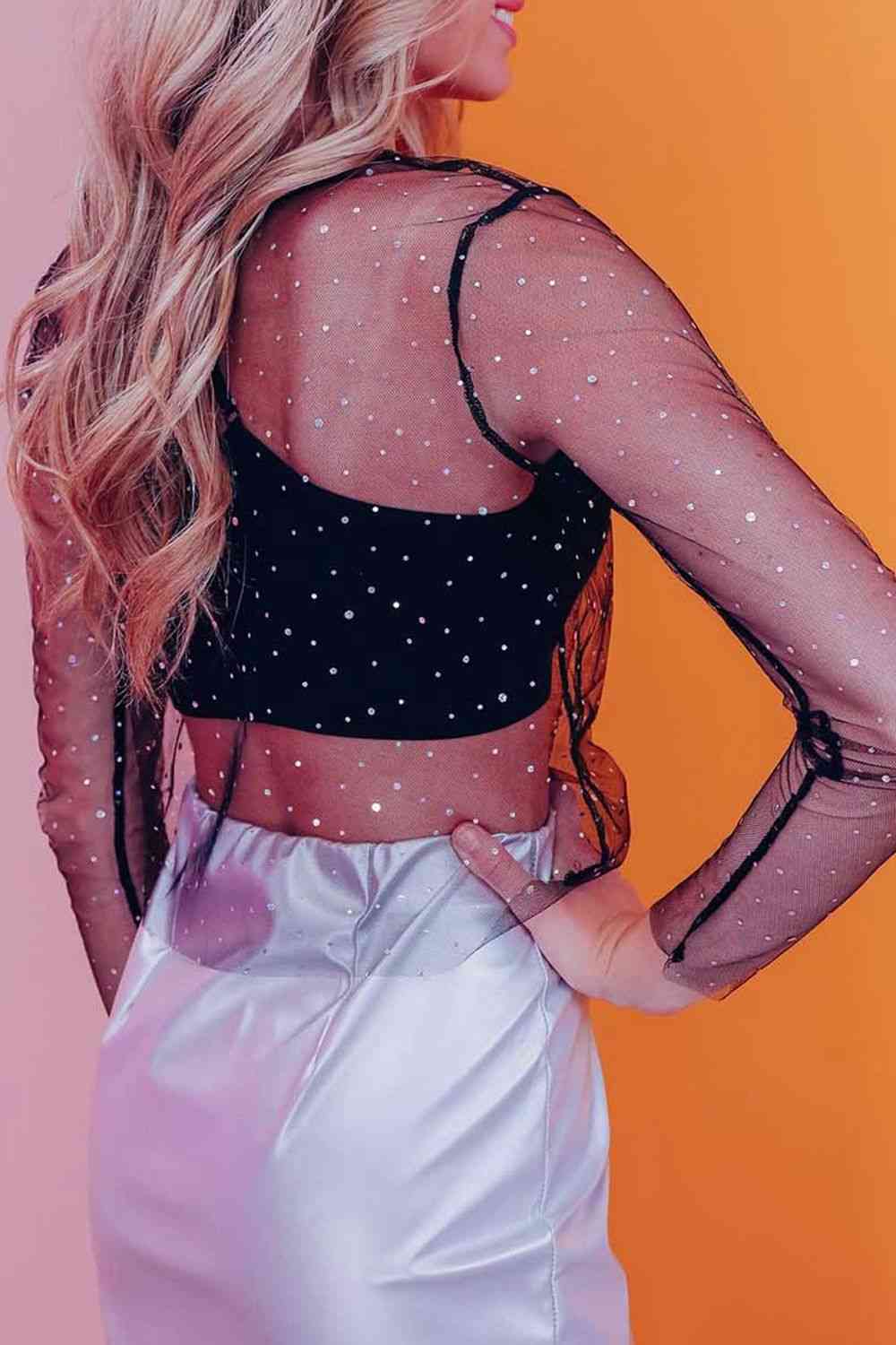 Rhinestone Mesh Round Neck Long Sleeve Blouse - Ladyez