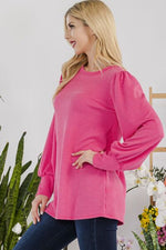 Celeste Full Size Striped Round Neck Lantern Sleeve Top - Ladyez