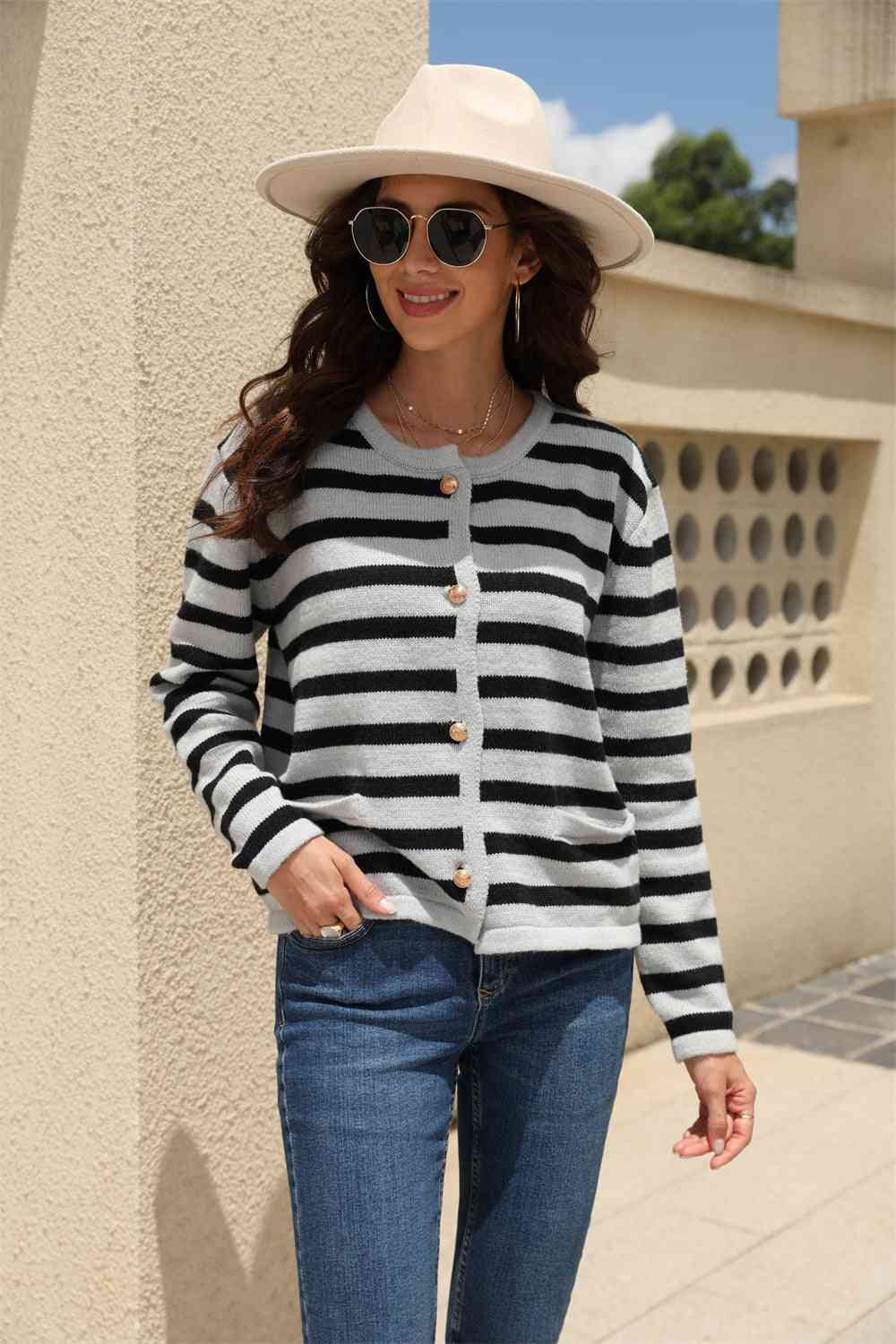 Striped Round Neck Button-Down Dropped Shoulder Cardigan - Ladyez
