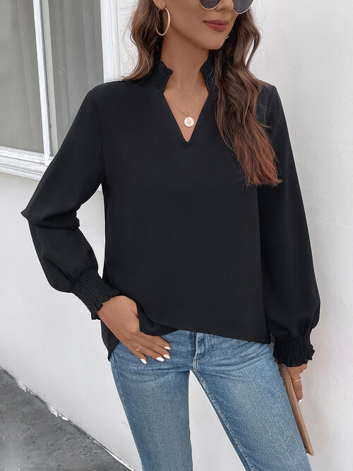 Smocked Notched Long Sleeve Blouse - Ladyez