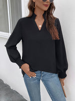 Smocked Notched Long Sleeve Blouse - Ladyez