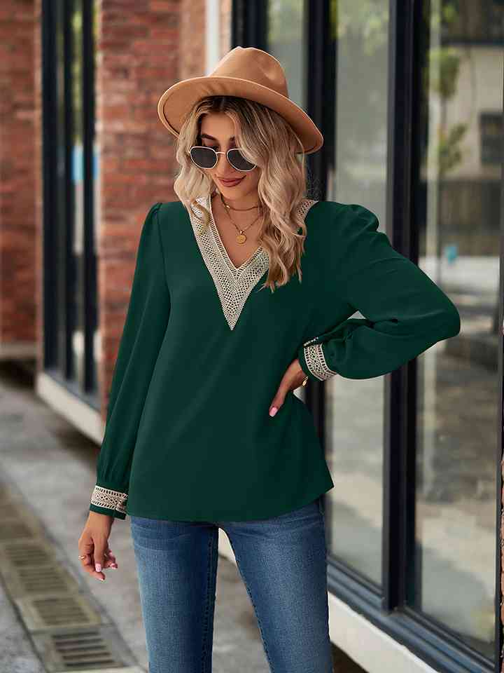 V-Neck Long Sleeve Blouse - Ladyez