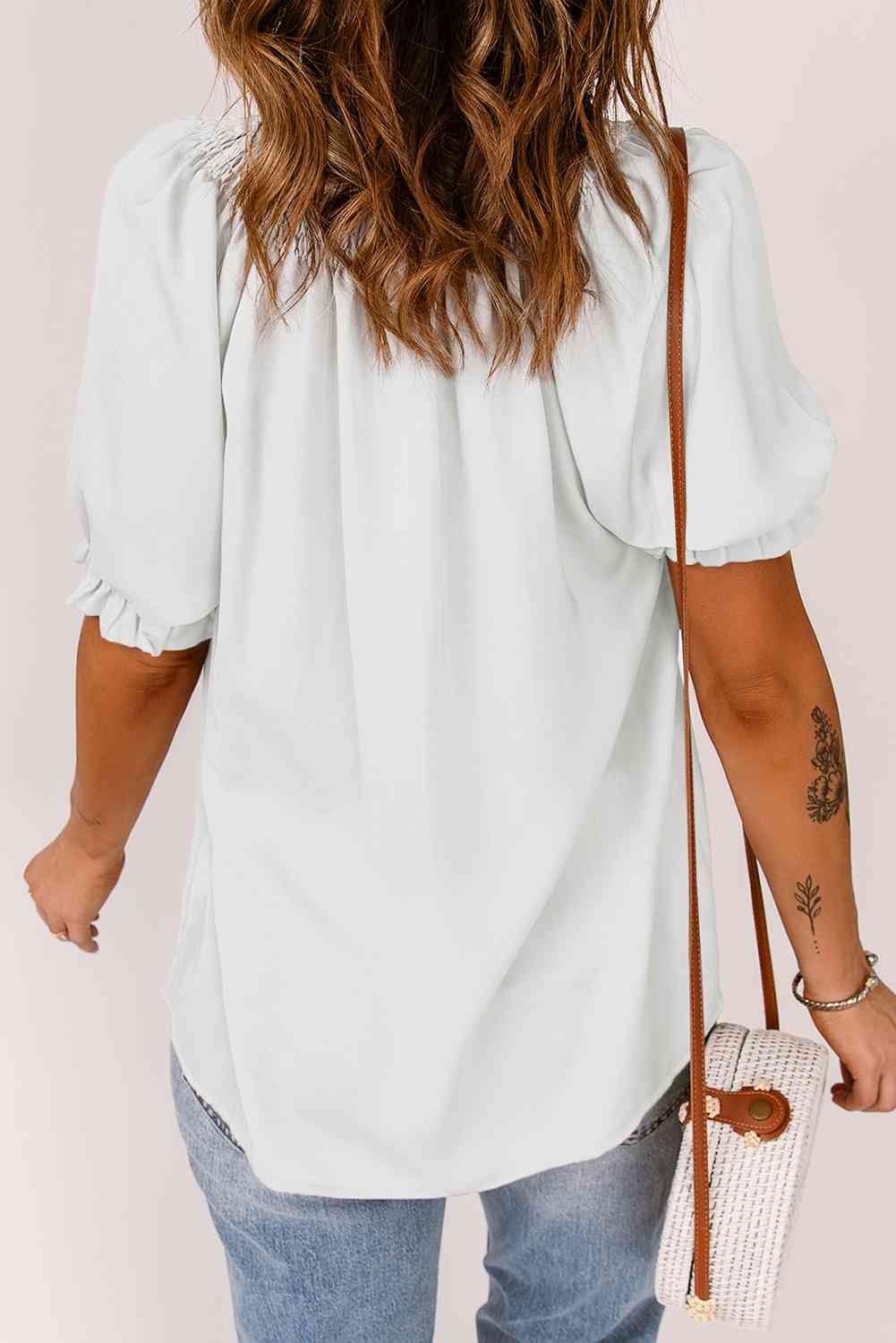 Smocked Frill Trim Flounce Sleeve Blouse - Ladyez