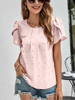 Swiss Dot Round Neck Petal Sleeve Top - Ladyez